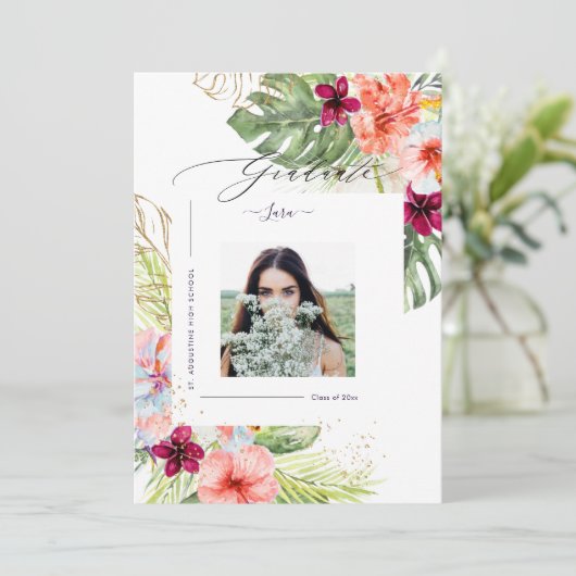 PixDezines Tropical ParadiseGraduation Luxe Script Ankündigung (Stehend Vorderseite)