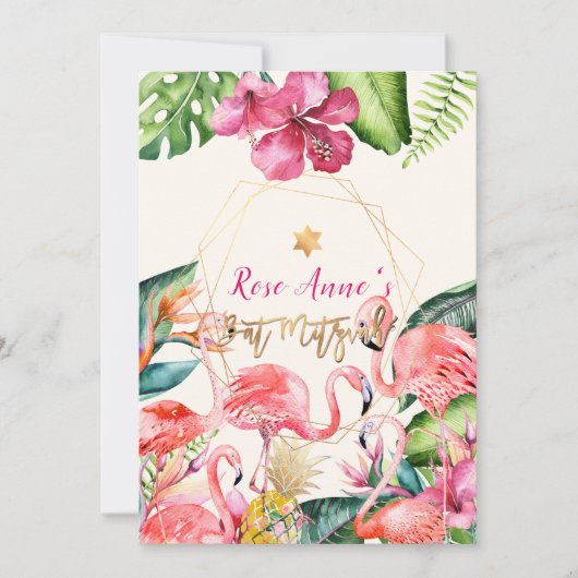PixDezines Tropical Pink Flamingo Bat Mitzvah Einladung (Vorderseite)