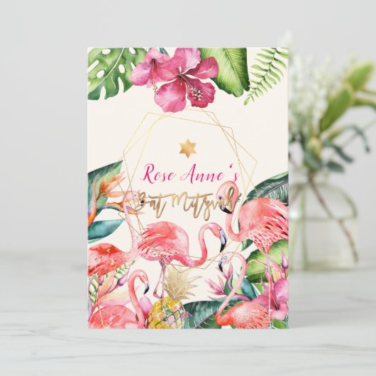 PixDezines Tropical Pink Flamingo Bat Mitzvah Einladung (Stehend Vorderseite)