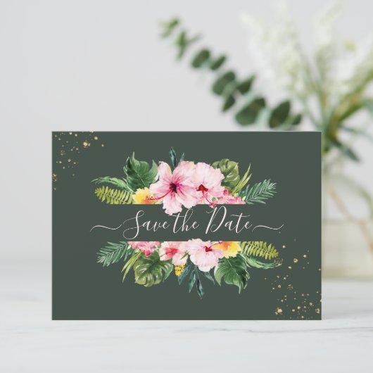PixDezines tropisches Flora & Foliage Hunter Green Save The Date (Stehend Vorderseite)