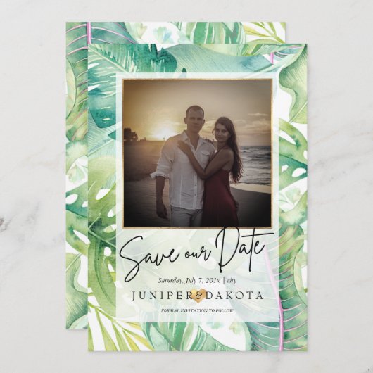 PixDezines Tropisches Grün Rettete unser Datum Einladung (Vorne/Hinten)