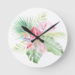 PixDezines Tropisches Paradies Pastell-Blumen-Laub Runde Wanduhr