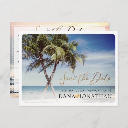 PixDezines Twin Palms+Beach Save the Date Postkarte (Vorne/Hinten)