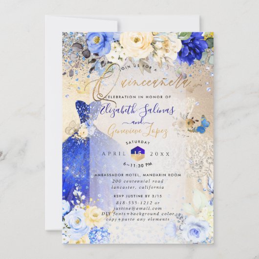 PixDezines Twins Quinceanera Royal Blue Gold Einladung (Rückseite)
