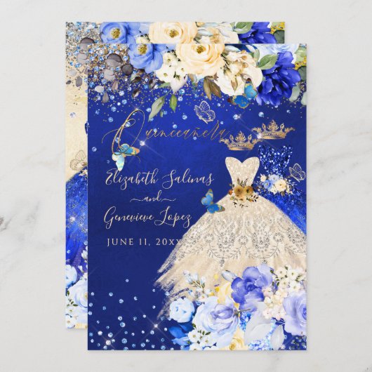 PixDezines Twins Quinceanera Royal Blue Gold Einladung (Vorne/Hinten)