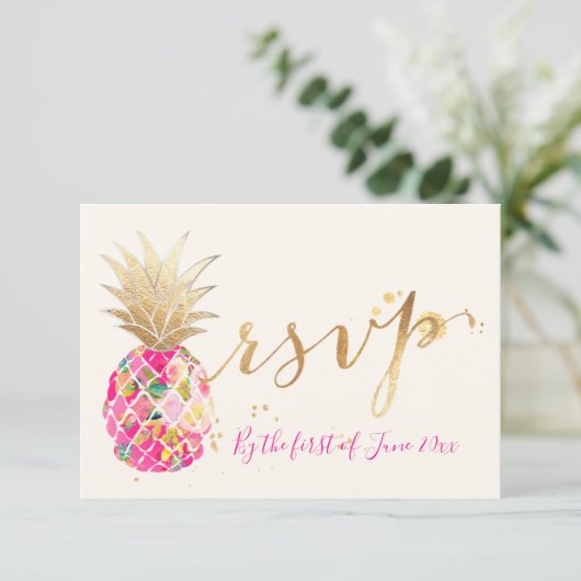 PixDezines UAWG Aloha Pink Ananas/Gold Script RSVP Karte (Stehend Vorderseite)