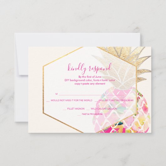 PixDezines UAWG Aloha Pink Ananas/Gold Script RSVP Karte (Rückseite)