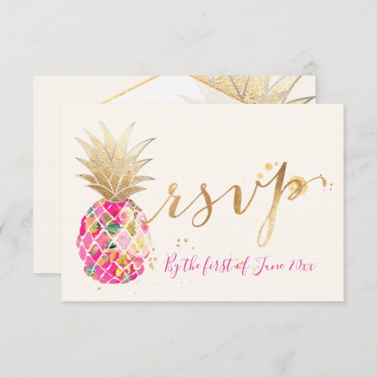 PixDezines UAWG Aloha Pink Ananas/Gold Script RSVP Karte (Vorne/Hinten)