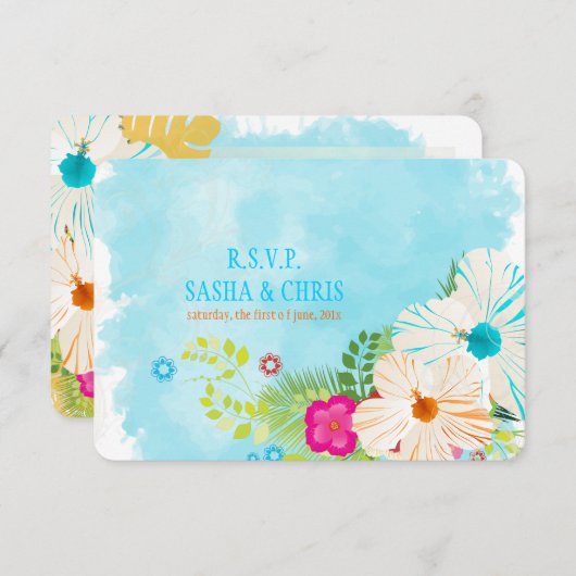 PixDezines uAwg blue+orange Hibiskus RSVP Karte (Vorne/Hinten)