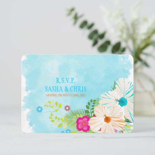 PixDezines uAwg blue+orange Hibiskus RSVP Karte (Stehend Vorderseite)