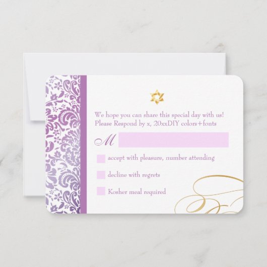 PixDezines uAwg Fidora Damask, Bat Mitzvah RSVP Karte (Rückseite)