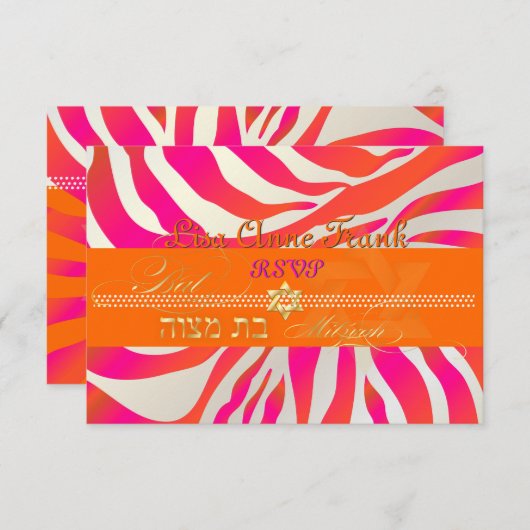PixDezines uAwg Hot Pink+Orange Zebra, Bat Mitzvah RSVP Karte (Vorne/Hinten)