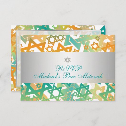 PixDezines uAwg Mod stars/Bar mitzvah/orange+aquam RSVP Karte (Vorne/Hinten)