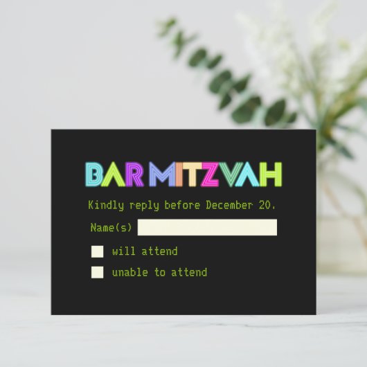 PixDezines UAwg Neon Lights/Vegas Style/Mitzvah RSVP Karte (Stehend Vorderseite)