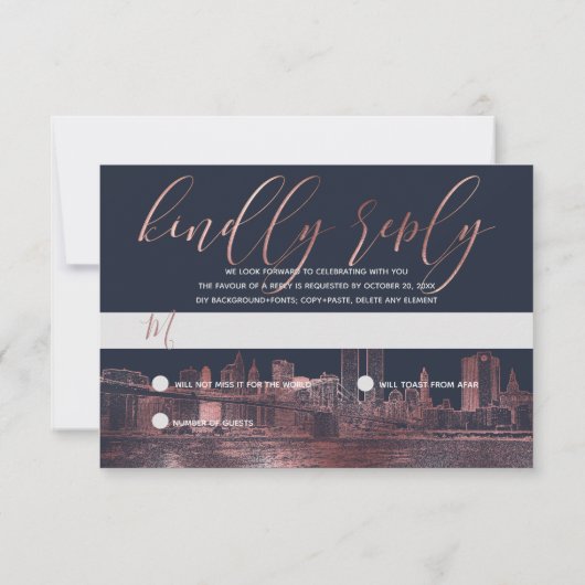 PixDezines UAWG NYC Skyline/Imitats Rose Gold RSVP Karte (Rückseite)