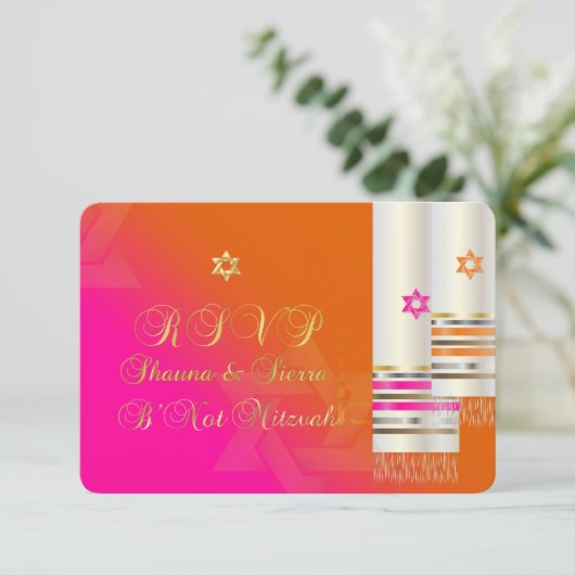 PixDezines UAWG Pink/Orange B'not mitzvah RSVP Karte (Stehend Vorderseite)