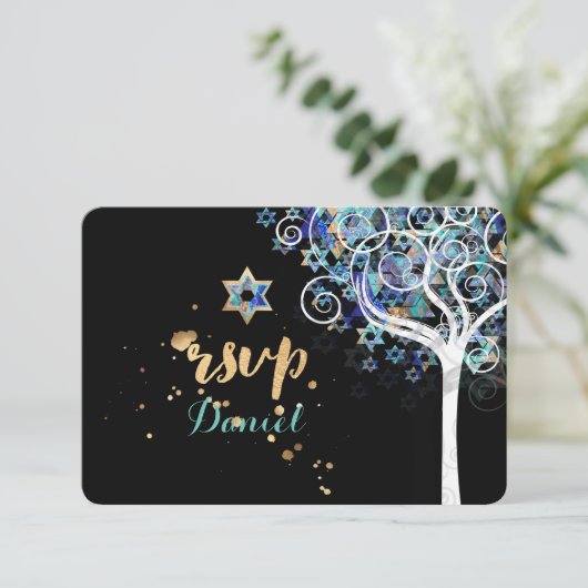 PixDezines UAwg Tree of Life Bat Mitzvah RSVP Karte (Stehend Vorderseite)