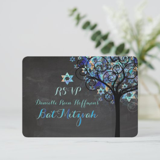 PixDezines UAWG Tree of Life Mitzvah/Chalkboard RSVP Karte (Stehend Vorderseite)