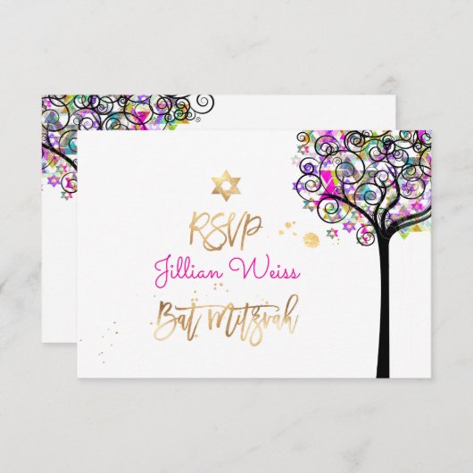 PixDezines UAWG Tree of Life/Neon Bat Mitzvah ✡ Einladung (Vorne/Hinten)