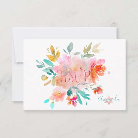 PixDezines UAWG Watercolor Blume Bat Mitzvah ✡ RSVP Karte (Vorderseite)