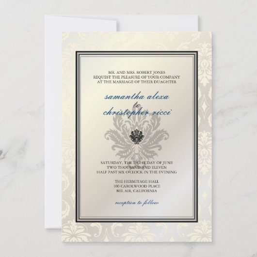 PixDezines Vendome Damask / Schwarz + Weiß 12x18 Einladung (Rückseite)