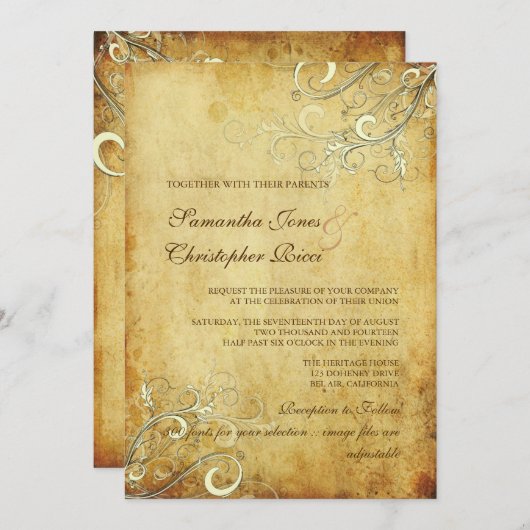 PixDezines VINTAG CREAM WIRBEL/IMITATS PARACHING Einladung (Vorne/Hinten)