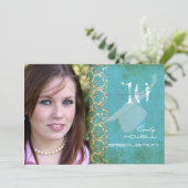 PixDezines VINTAG DAMASK/TURQUOISE/ABSCHLUSS Einladung (Stehend Vorderseite)