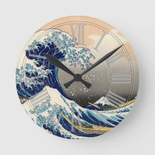 PixDezines Vintag, Große Welle, Hokusai 葛 飾 北 斎 の  Runde Wanduhr