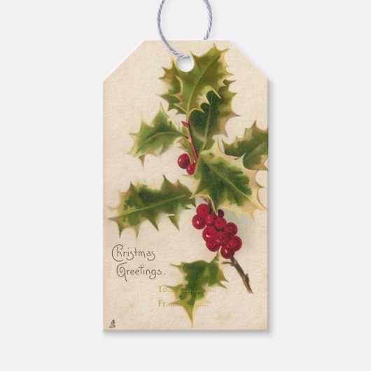 PixDezines Vintage Christmas Holly Geschenkanhänger (Vorderseite)