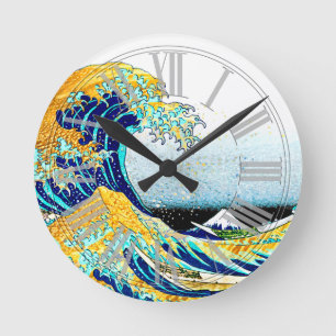 PixDezines Vintage, Große Welle, Hokusai 葛飾北斎の神奈川沖 Runde Wanduhr