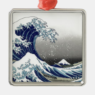 PixDezines Vintage, Große Welle, Hokusai 葛飾北斎の神奈川沖 Silbernes Ornament