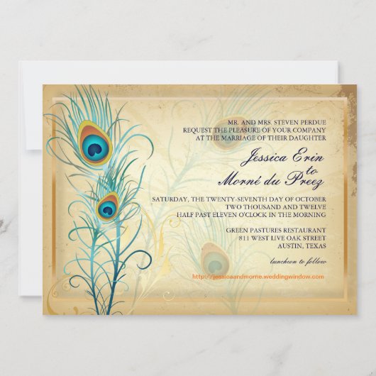 PixDezines Vintage Pfauenfedern/DIY-Farbstoffe Einladung (Rückseite)