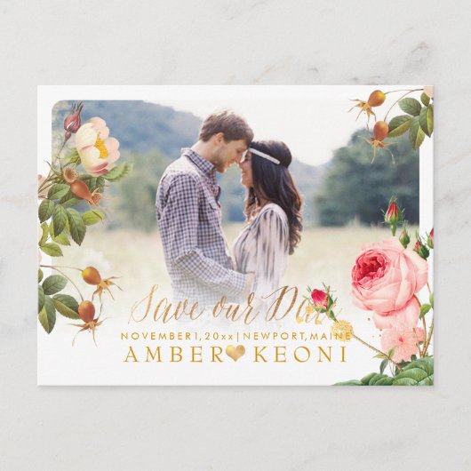 PixDezines Vintage Rose Save the Date Ankündigungspostkarte (Vorderseite)