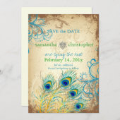 PixDezines Vintager aquamariner Pfau Save The Date (Vorne/Hinten)