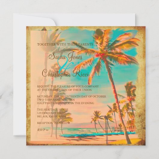 PixDezines Vintager hawaiianischer Strand/aquamari Einladung (Rückseite)