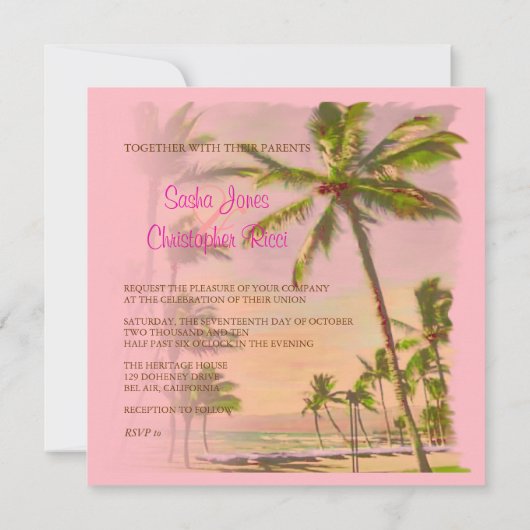 PixDezines Vintager hawaiianischer Strand/rosa Einladung (Rückseite)