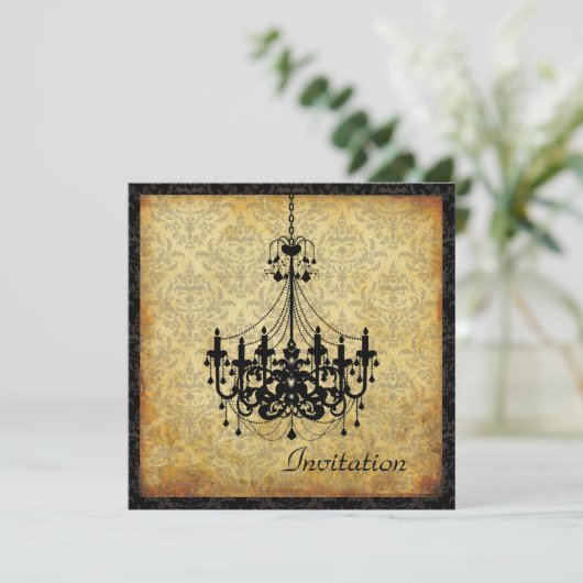 PixDezines Vintager Kronleuchter+Damast, Pergament Einladung (Stehend Vorderseite)