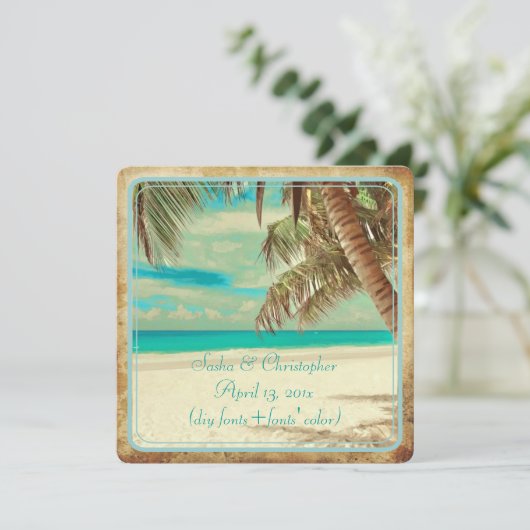 PixDezines Vintager Strand, tropisches Paradies Einladung (Stehend Vorderseite)