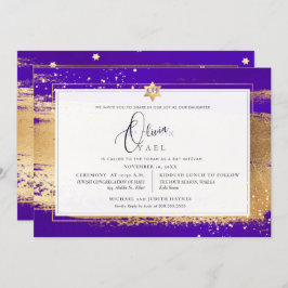PixDezines VIOLET + GOLD BRUSHSTROKE Mitzvah Einladung