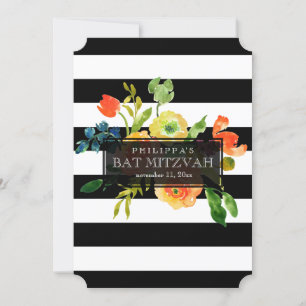 PixDezines Wasserfarbe/Blumen/Streifen Bat Mitzvah Einladung