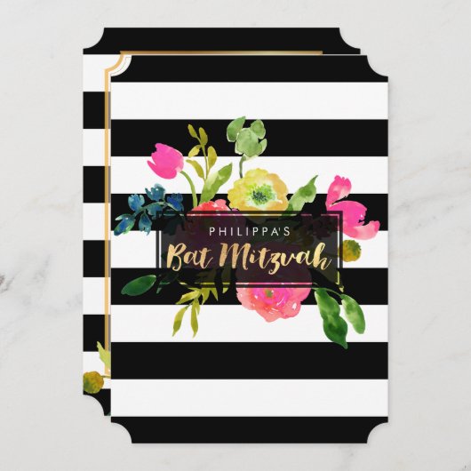 PixDezines Wasserfarbe/Blumen/Streifen Fledermaus Einladung (Vorne/Hinten)