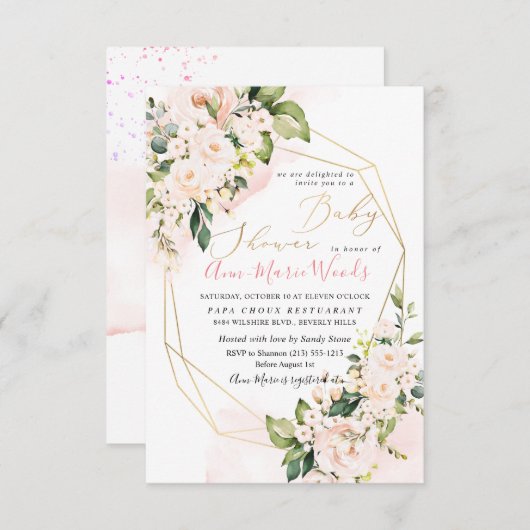 PixDezines Wasserfarbe Rose Kinderdusche Einladung (Vorne/Hinten)