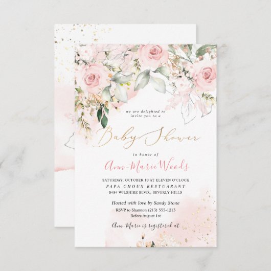 PixDezines Wasserfarbe Rose Kinderdusche Einladung (Vorne/Hinten)