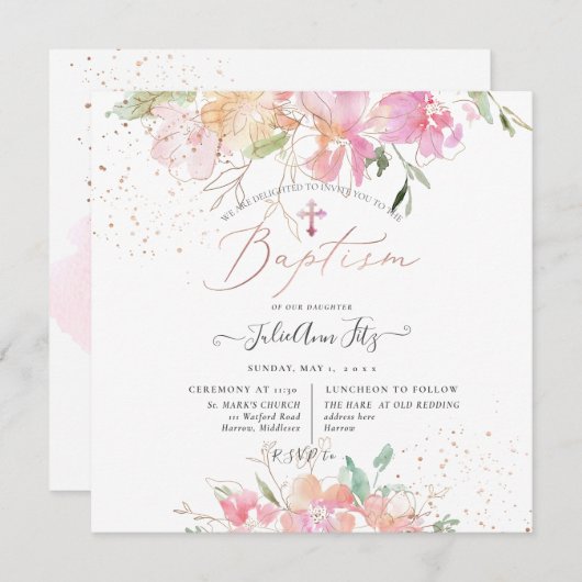 PixDezines Wasserfarbenblush Platterbsen Taufe Einladung (Vorne/Hinten)