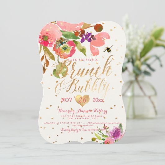 PixDezines Wasserfarbenbrunch+Bubbly Einladung (Stehend Vorderseite)