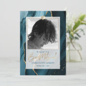 PixDezines Watecolor Agate, Aquamarine Bar Mitzvah Einladung (Stehend Vorderseite)