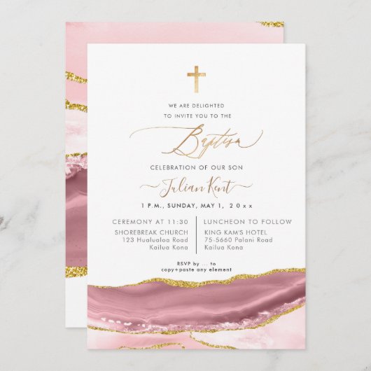 PixDezines Watercolor Agate Dusty Mauve Taufe Einladung (Vorne/Hinten)