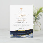 PixDezines Watercolor Agate Navy Blue Gold Taufe Einladung (Stehend Vorderseite)