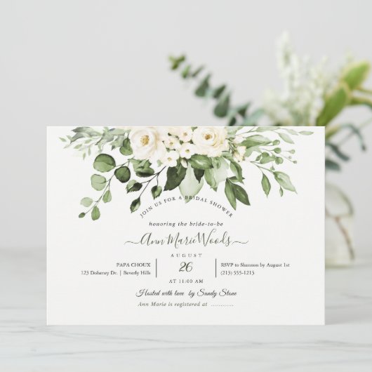 PixDezines Watercolor Alabaster Rose Eukalyptus Einladung (Stehend Vorderseite)