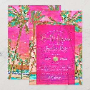 PixDezines Watercolor Beach Bat Mitzvah, Hot Pink Einladung